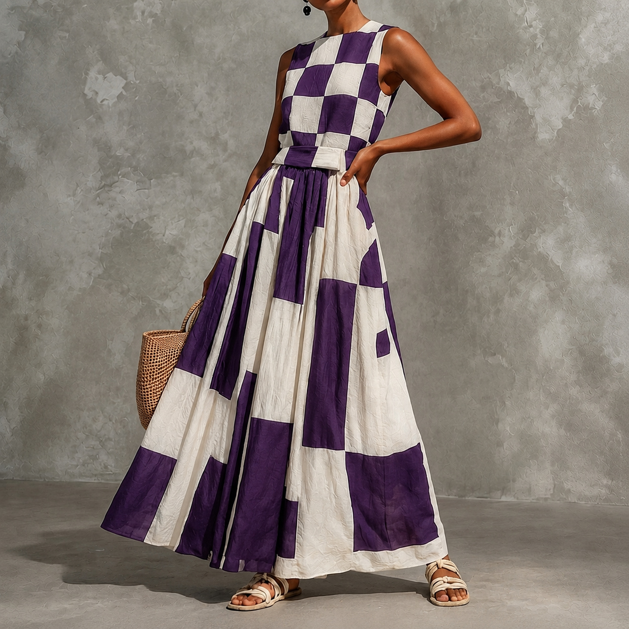 Vacation Checkered Sleeveless Patchwork Maxi Dress