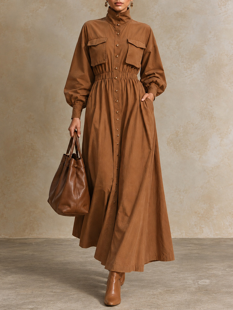 Retro Waist-cinching Stand-collar Button-front Dress Maxi Dress