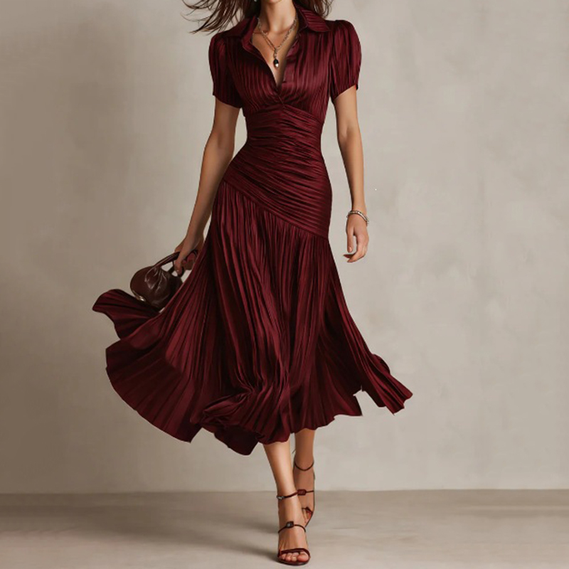 Elegant Striped V-neck Fitted Midi Dress
