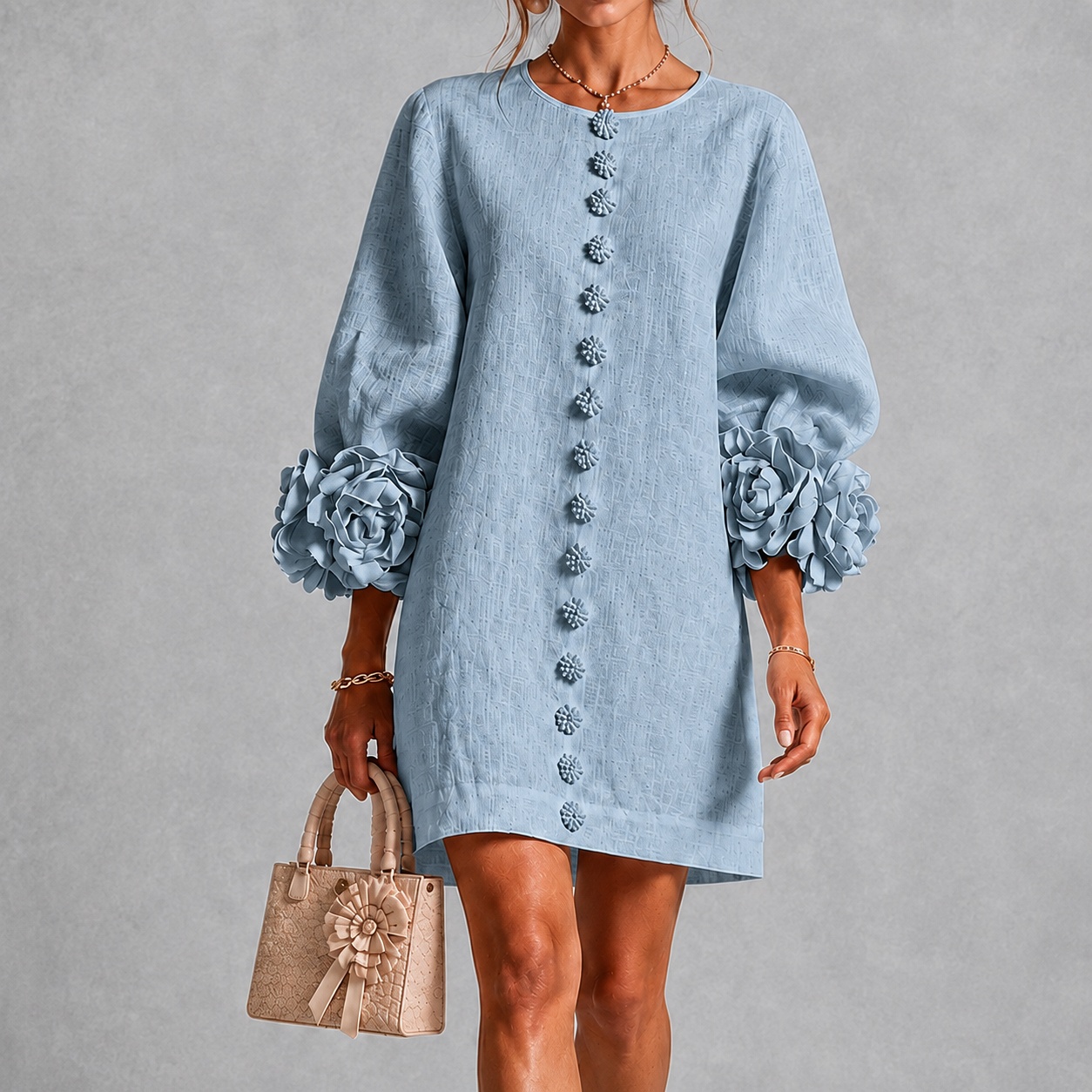 Elegant 3d Floral Lantern Sleeves Midi Dress