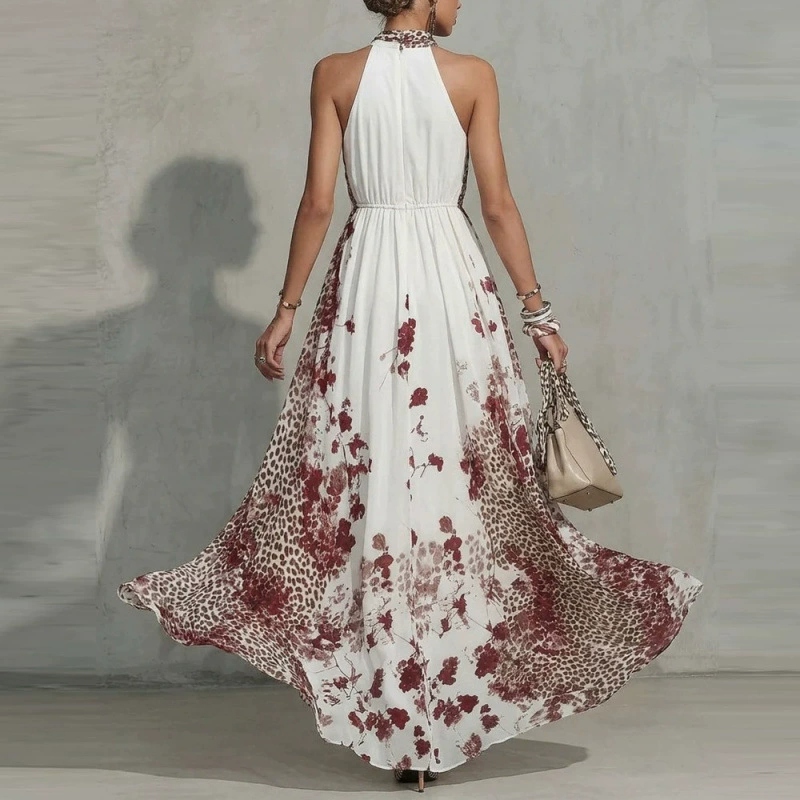 Stylish Leopard And Floral Print Halter Neck Flowing Maxi Dress