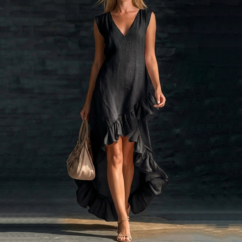 Sleeveless V-neck Ruffled Hem Linen Dress