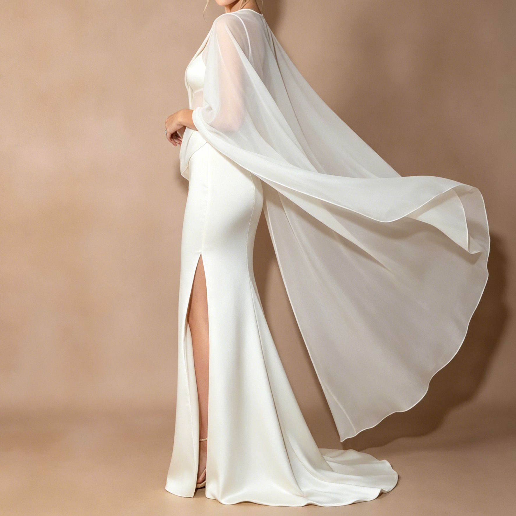 Elegant Bridal Ball Thin Sexy Sheer Chiffon Sleeveless Shawl With Flowing Ribbons Long Cover-up Cape