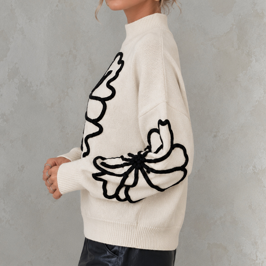 3D Floral High Neck Knit Sweater