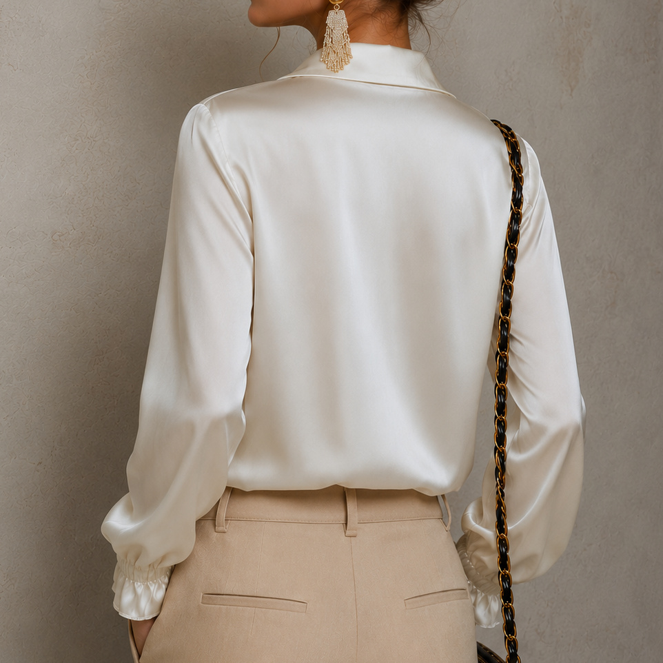 Elegant Satin Trim Lace V-Neck Lace Blouse