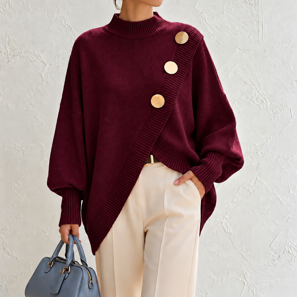 Elegant Solid-color Long-sleeve Sweater With An Asymmetrical Design