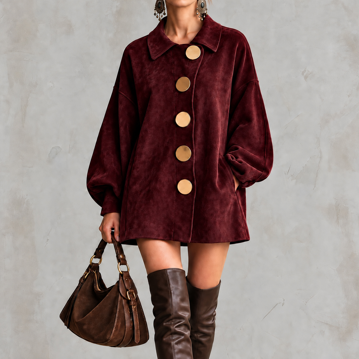 Dropped-shoulder Sleeves Lapel Suede Mini Dress