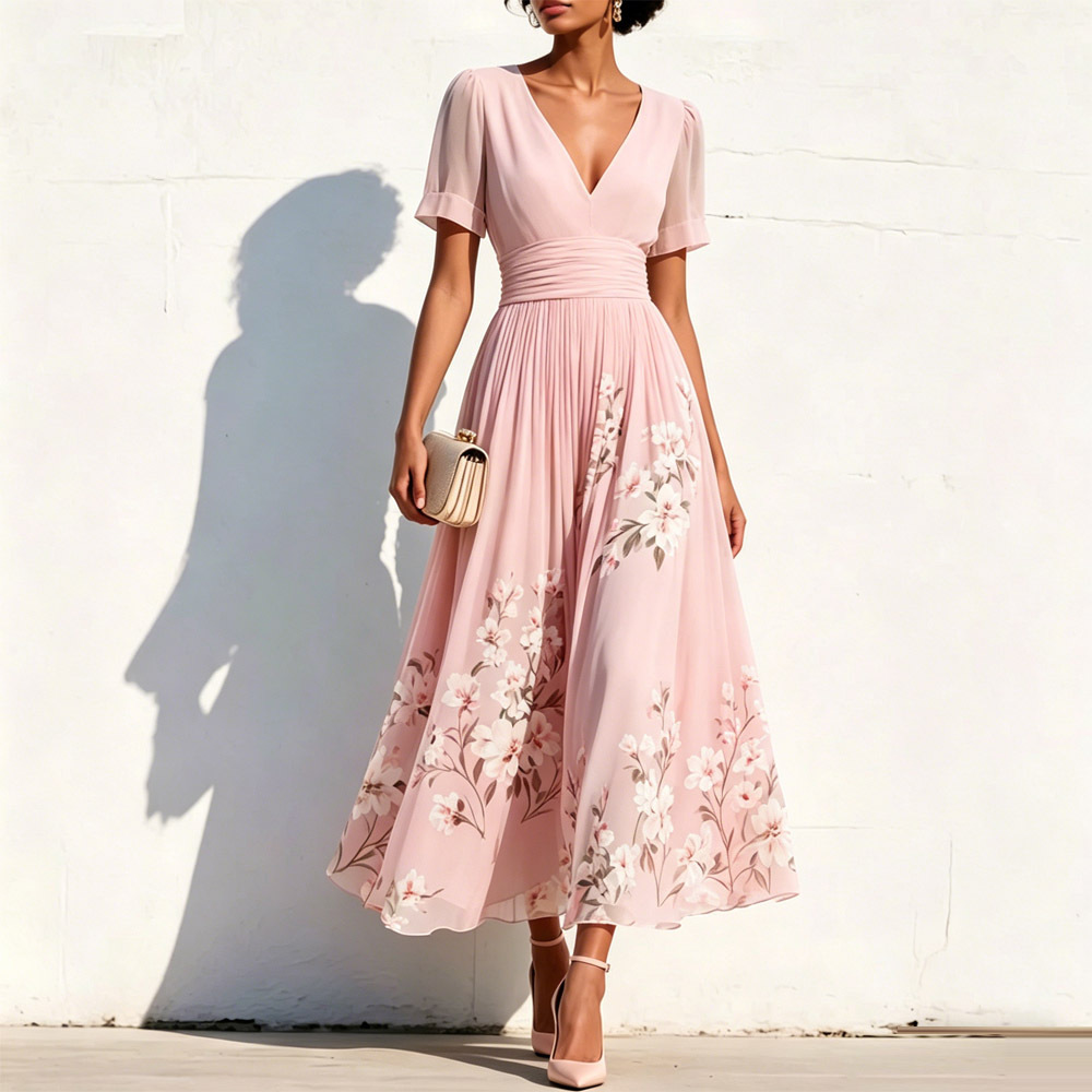Elegant Floral Print V-neck Short Sleeves Pleated Dress