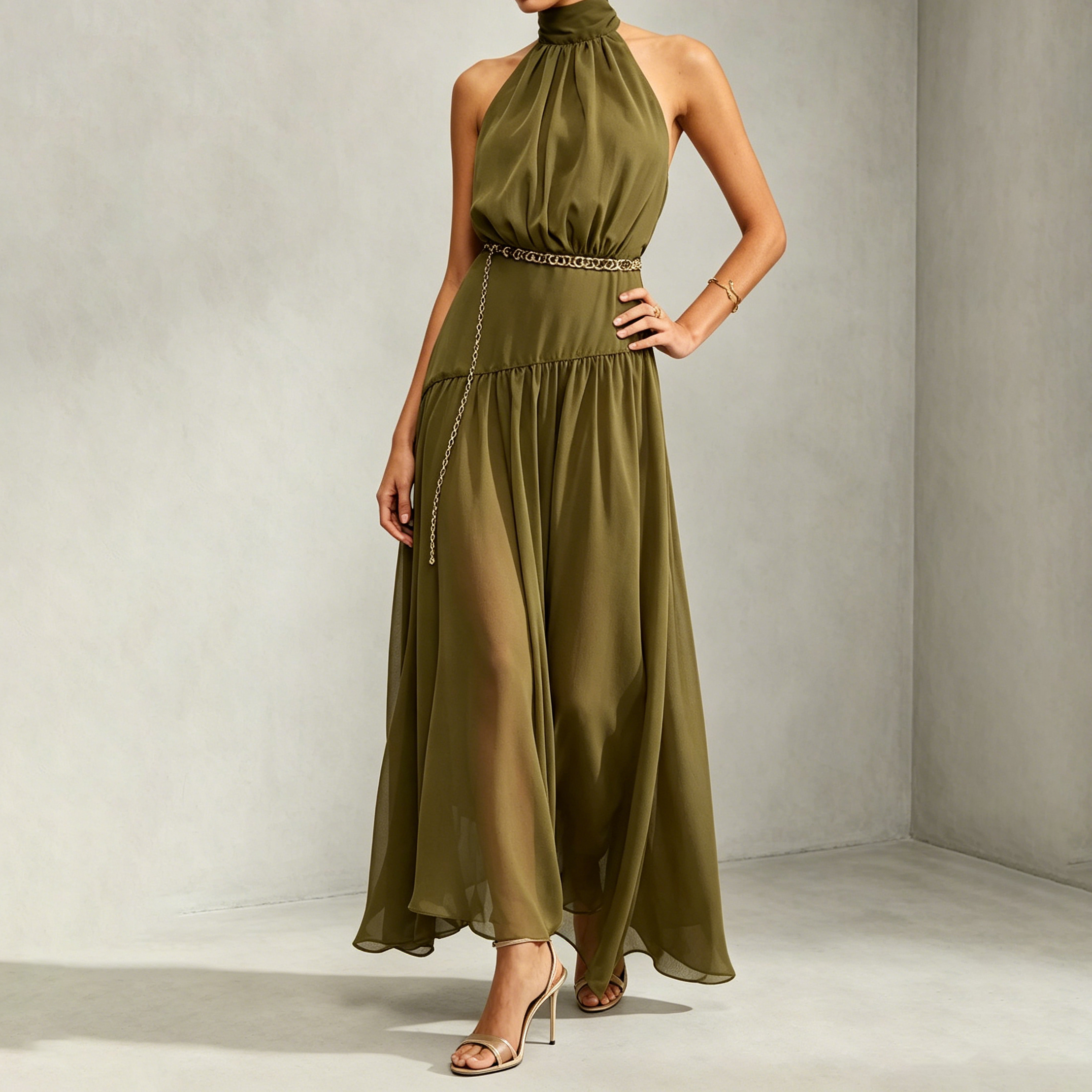 Elegant Halter Neck Backless Ribbon Maxi Dress