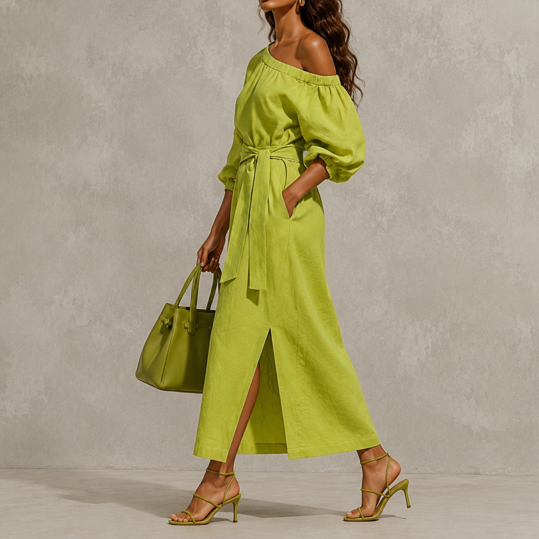 Elegant One-shoulder Long Sleeves With Tie Maxi Dress