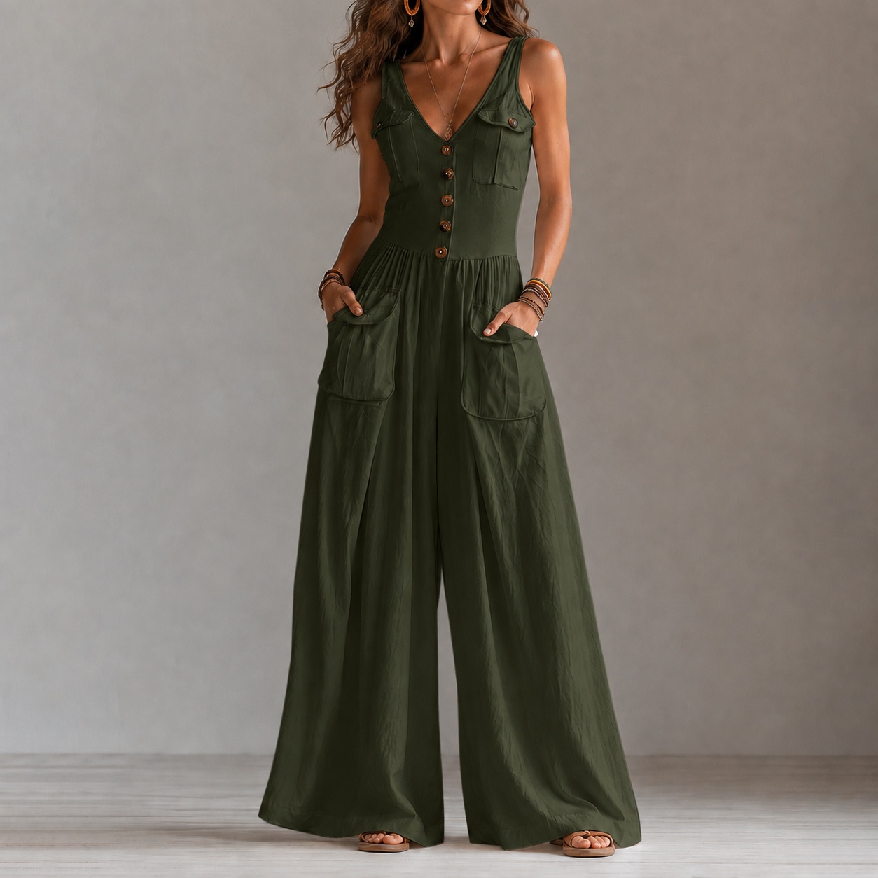 Retro V-neck Button-down Vest Jumpsuit