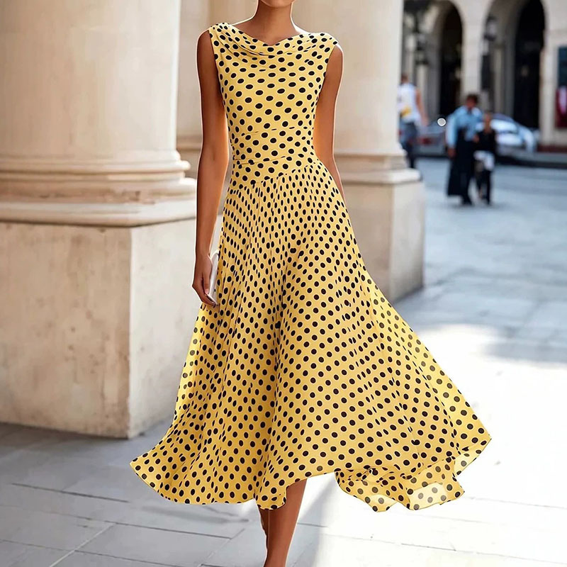 Elegant Polka Dot Sleeveless Flowy Midi Dress