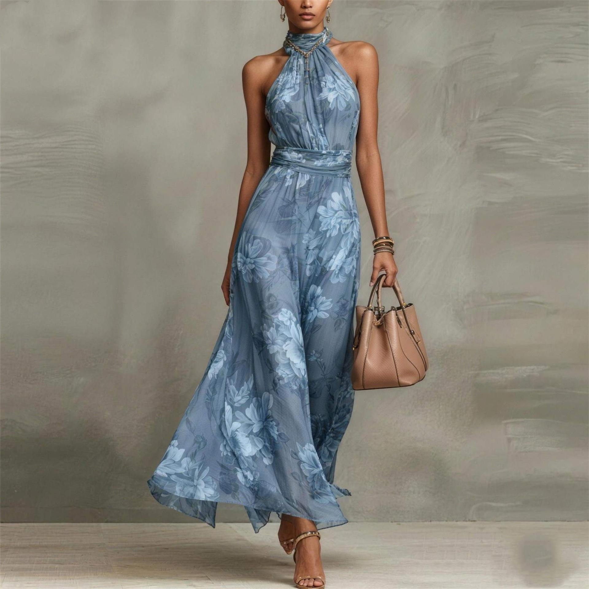 Women's Halter Neck Resort Printed Waist Slimming Dress