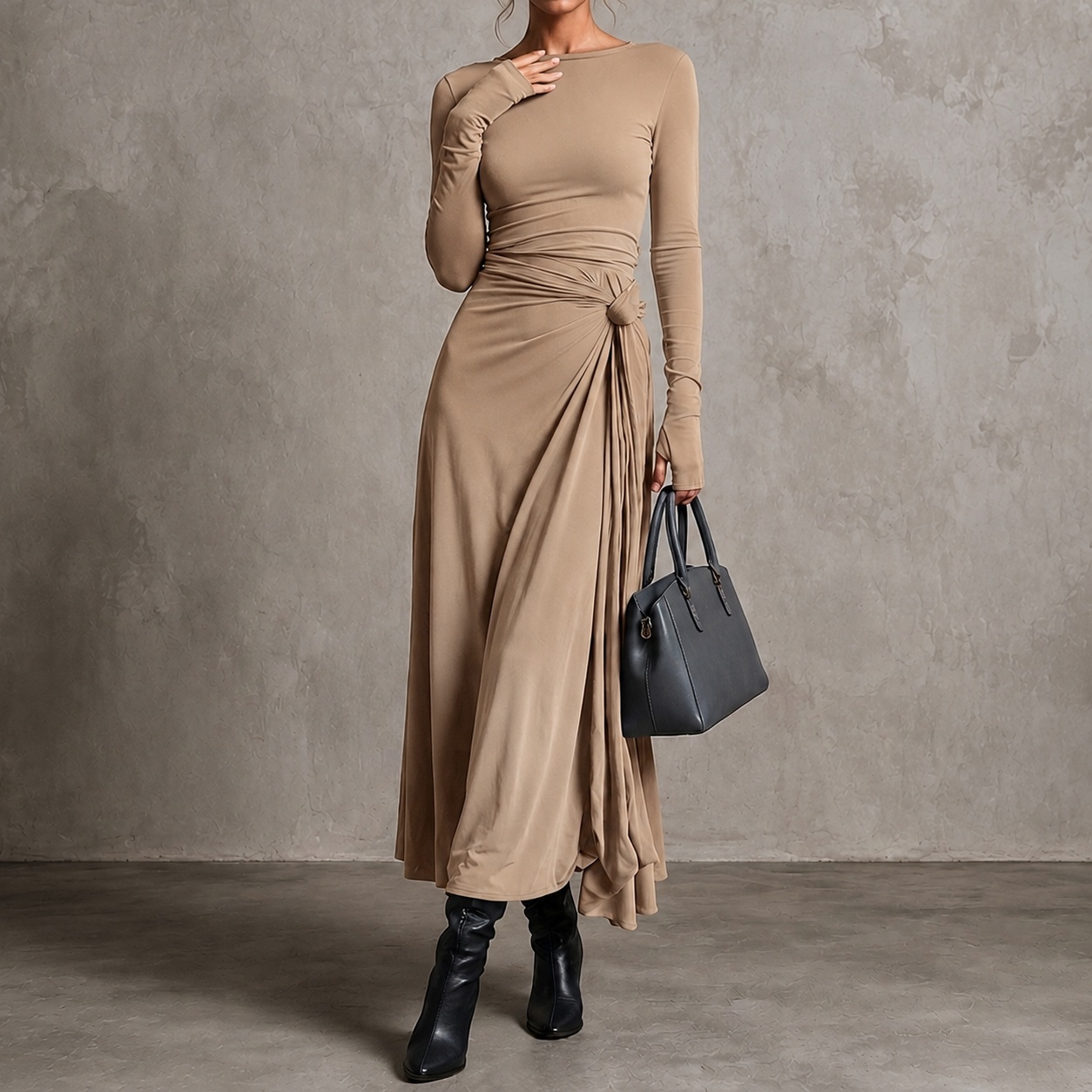 Elegant Solid Color Stretch Fabric Long Sleeve Maxi Dress