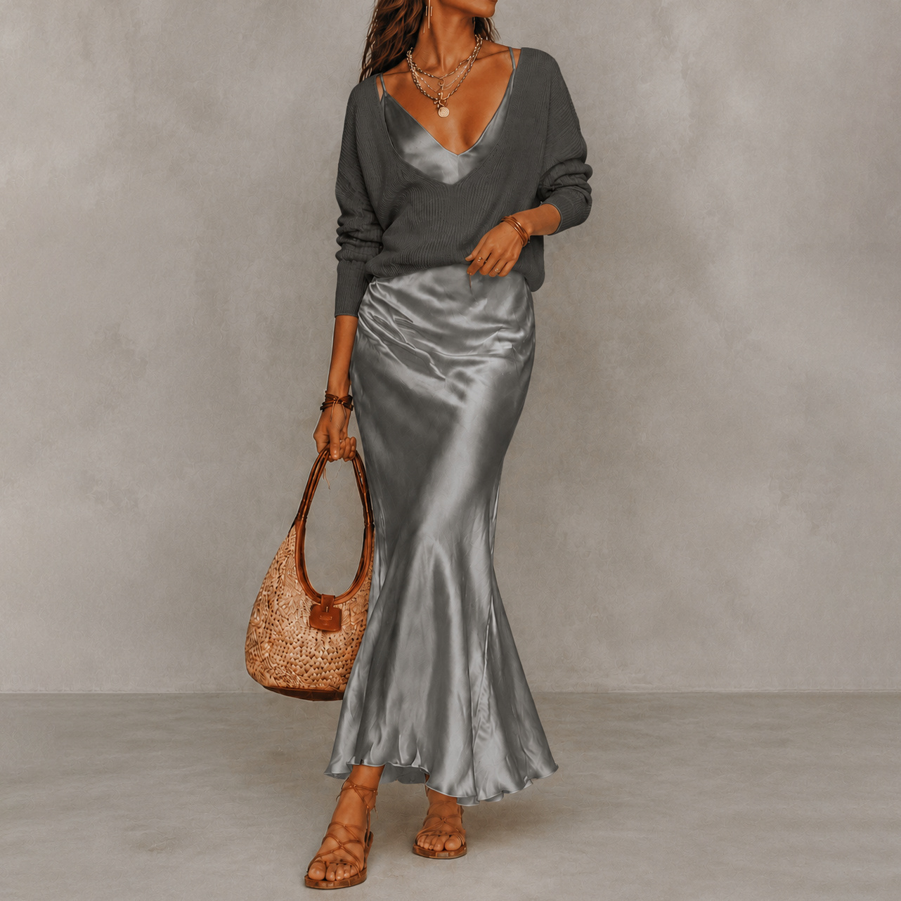 V-Neck Knit Sweater Satin Maxi Skirt Two-piece Set