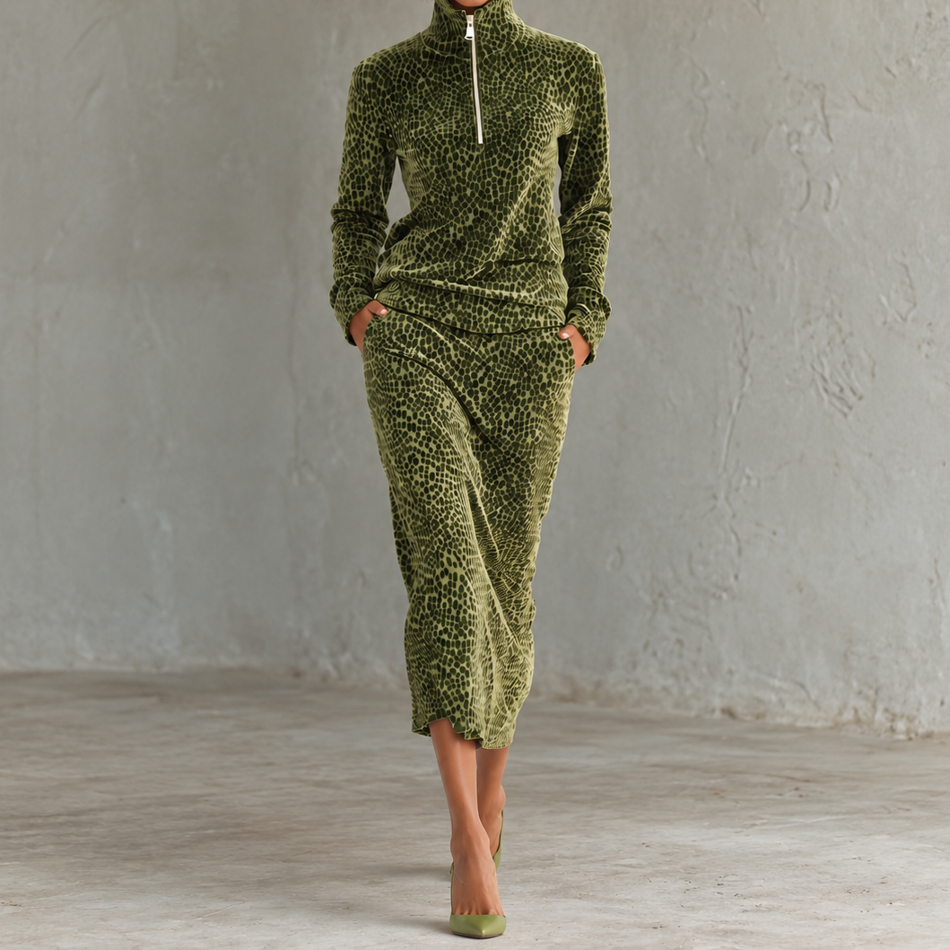 Leopard-print Long-sleeved Two-piece Set 