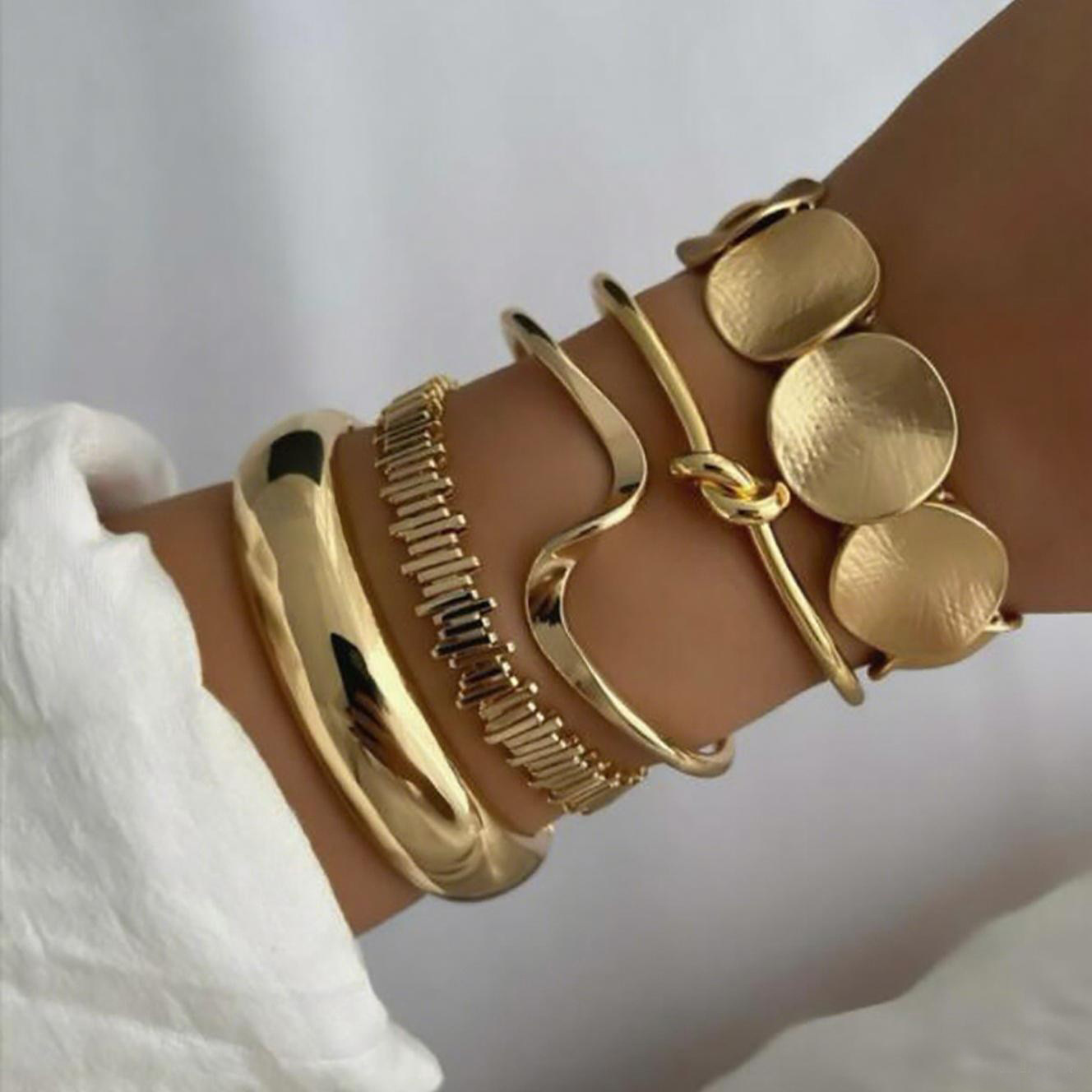 5pcs/set Leaf-patterned Smooth Bracelet With Irregular Stripes And An Open Design