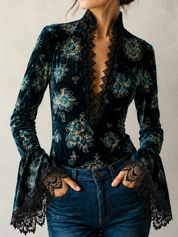 Elegant Lace-trimmed V-neck Long Sleeves Blouse