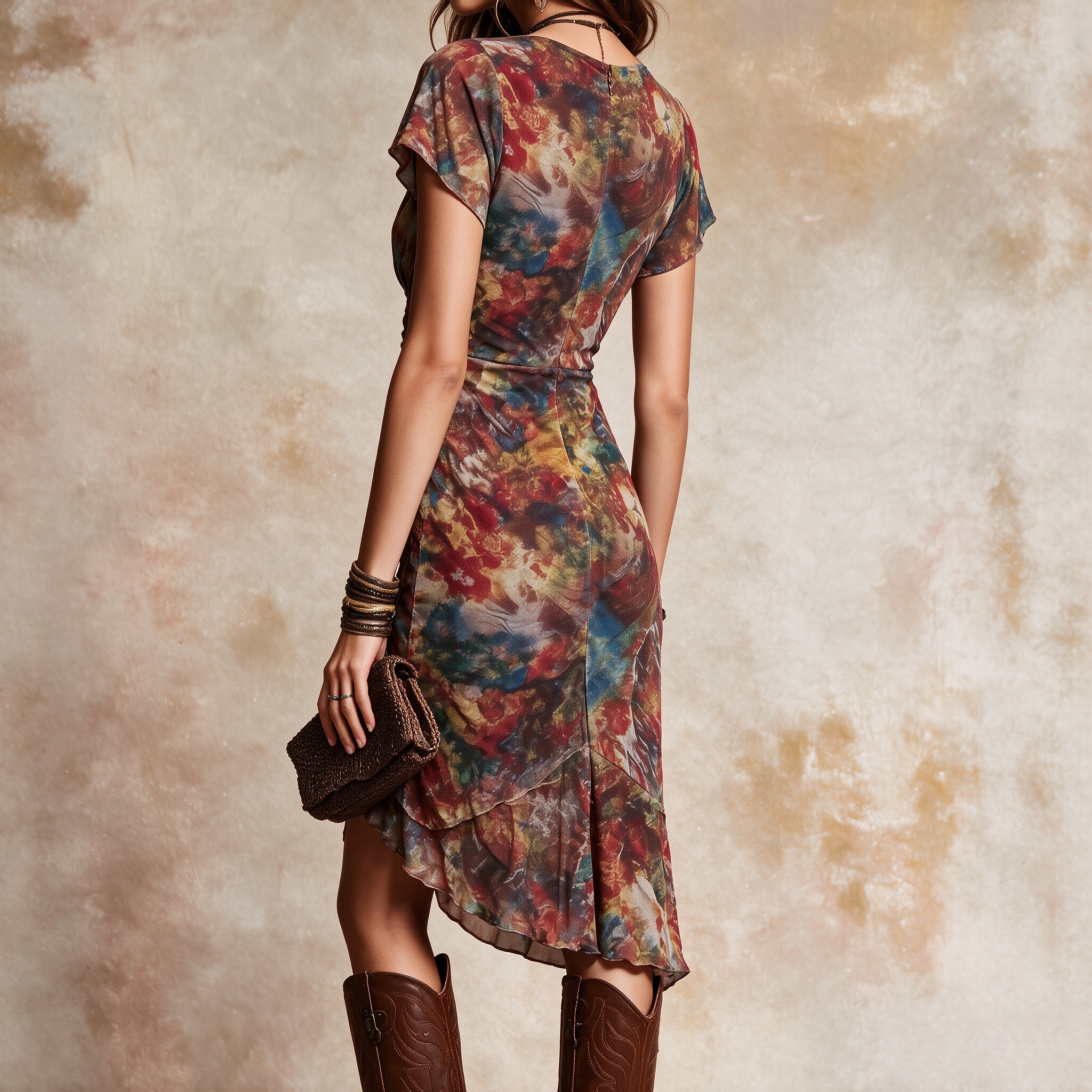 Elegant Collared Colorful Printed V-neck Fitted Waist Irregular Midi Dress
