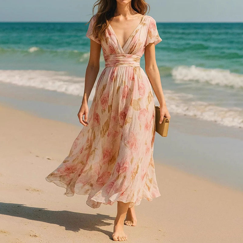 Women's High Waist Printed French Short Sleeve Dress