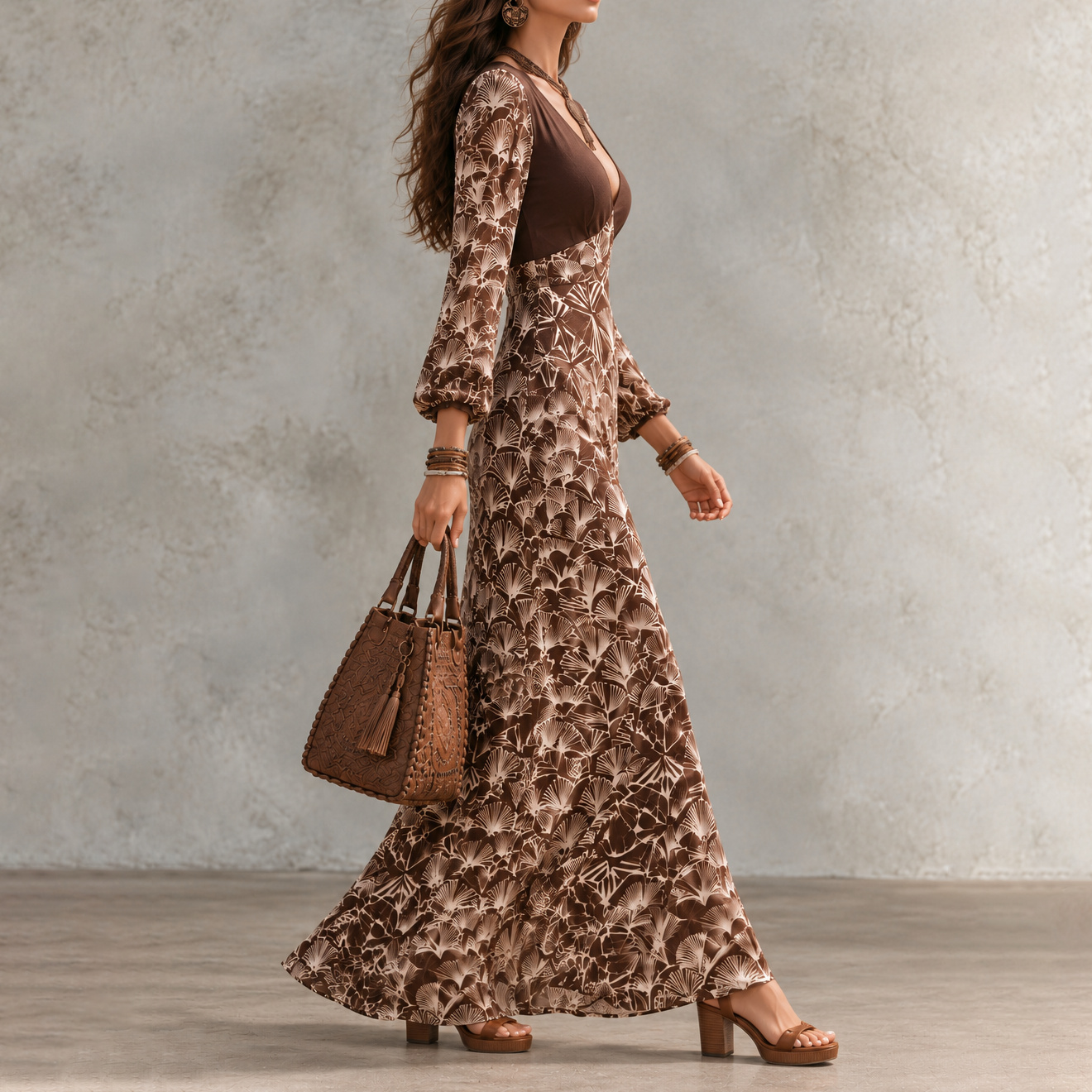Lantern-sleeve Cinched-waist Printed Maxi Dress