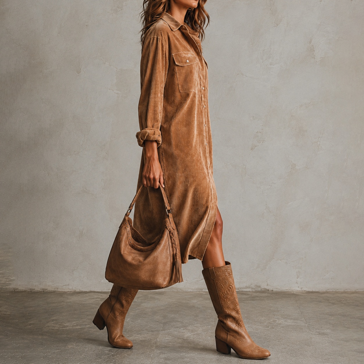 Elegant Corduroy Long-sleeved Collared Shirt Maxi Dress