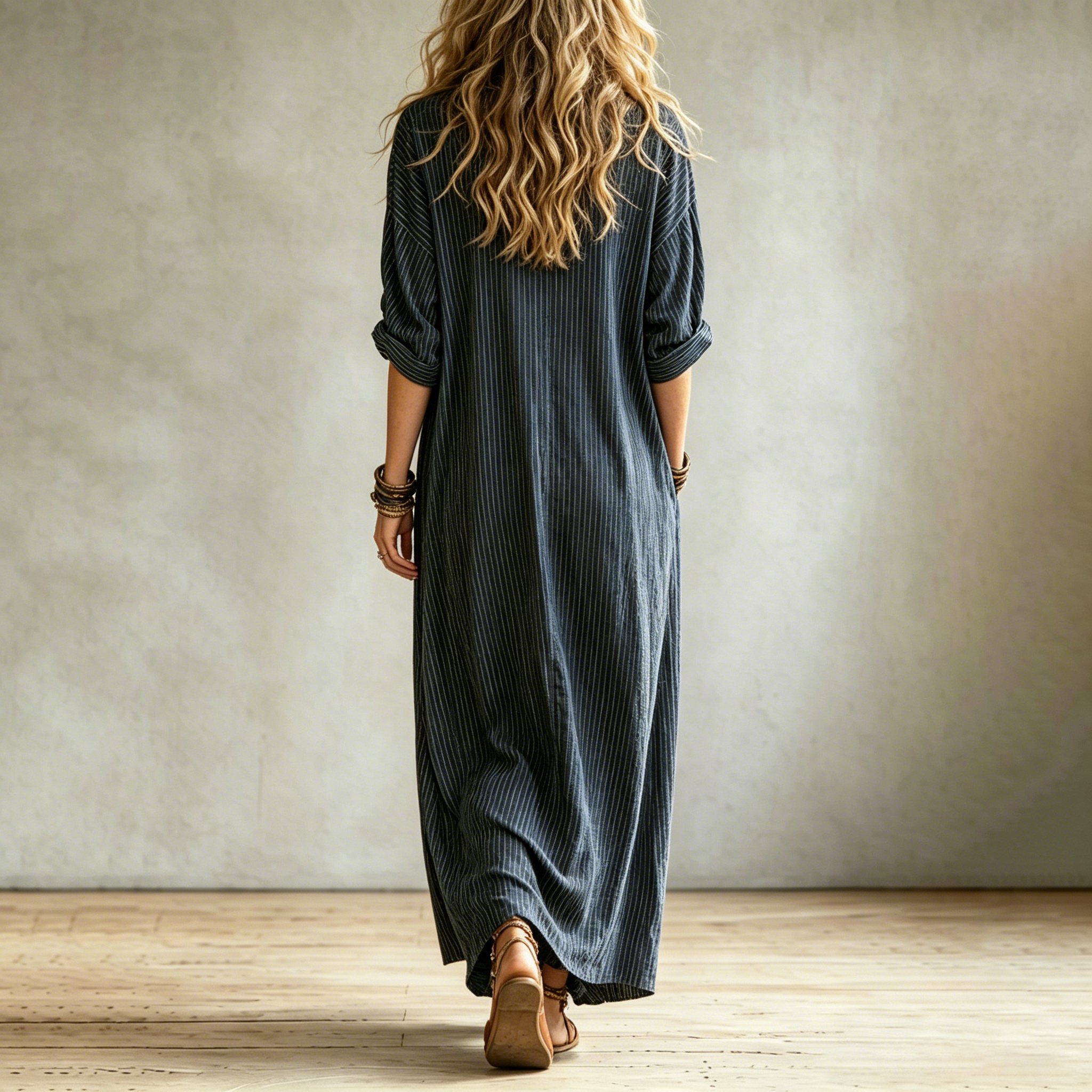 Vacation V-neck Striped Design Solid Color Loose Fit Maxi Dress