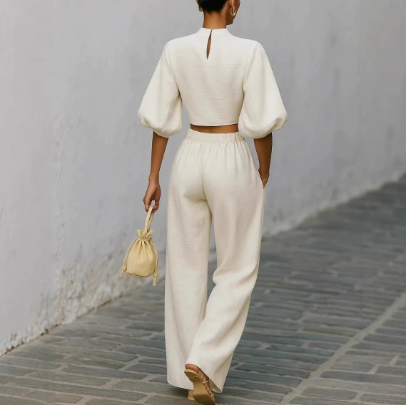 Casual High Waisted With Blended Crop Top Two-piece Set