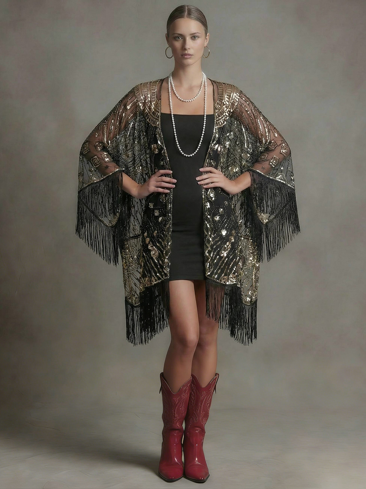 Vintage 1920s Elegant Sequins Tassel Fringe Women's Poncho Kimono