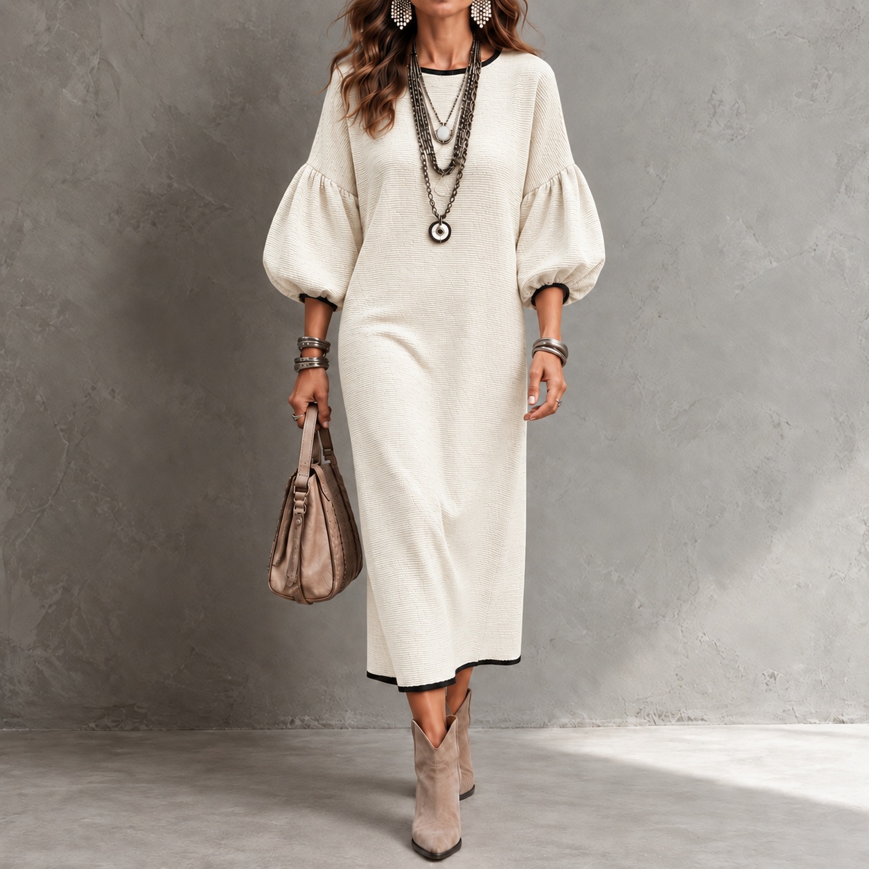 Elegant Solid-color Crew Neck With Puff Sleeves Maxi Dress