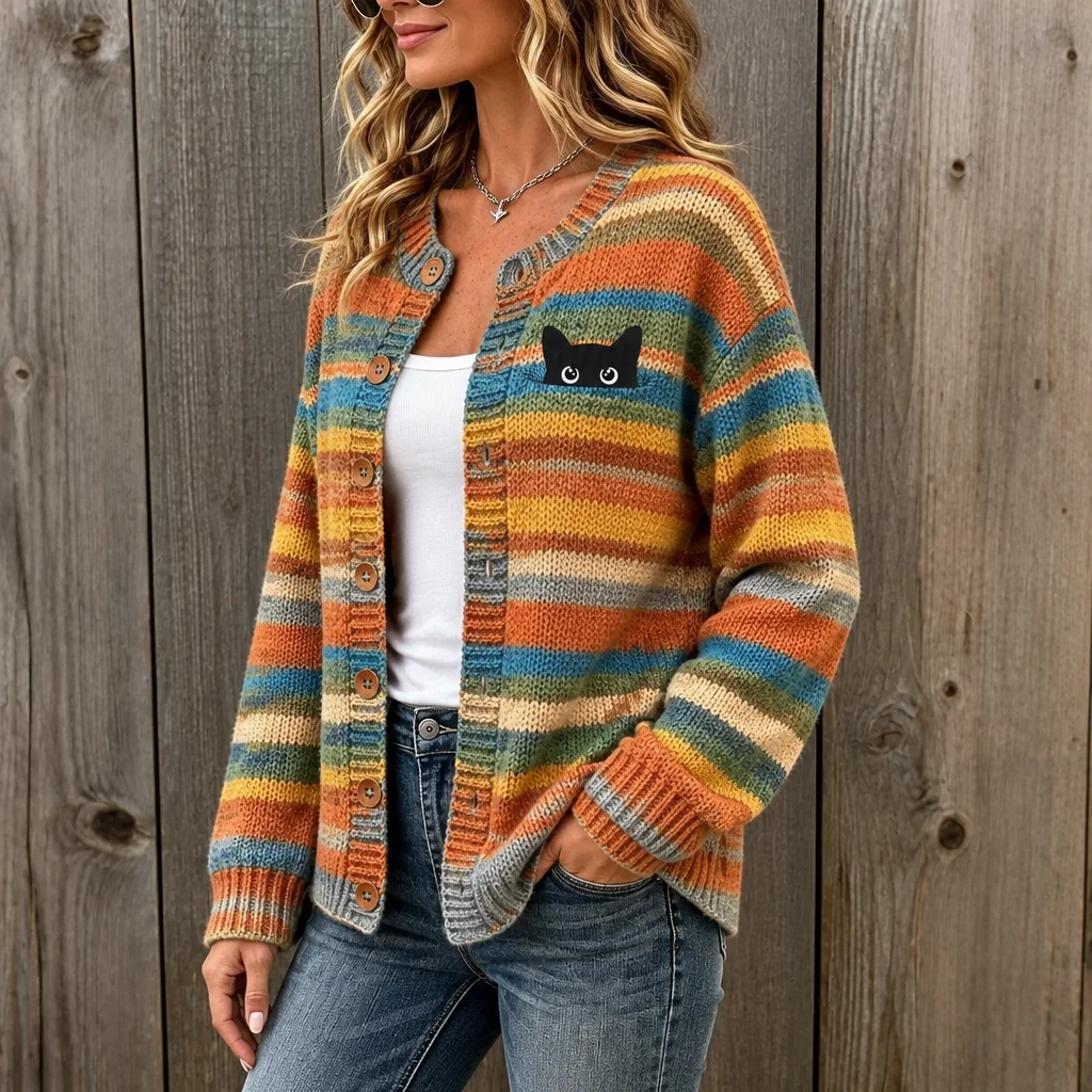 Women's Cute Black Cat Patch Colorful Stripe Relaxed Fit Button Front Knit Cardigan Sweater