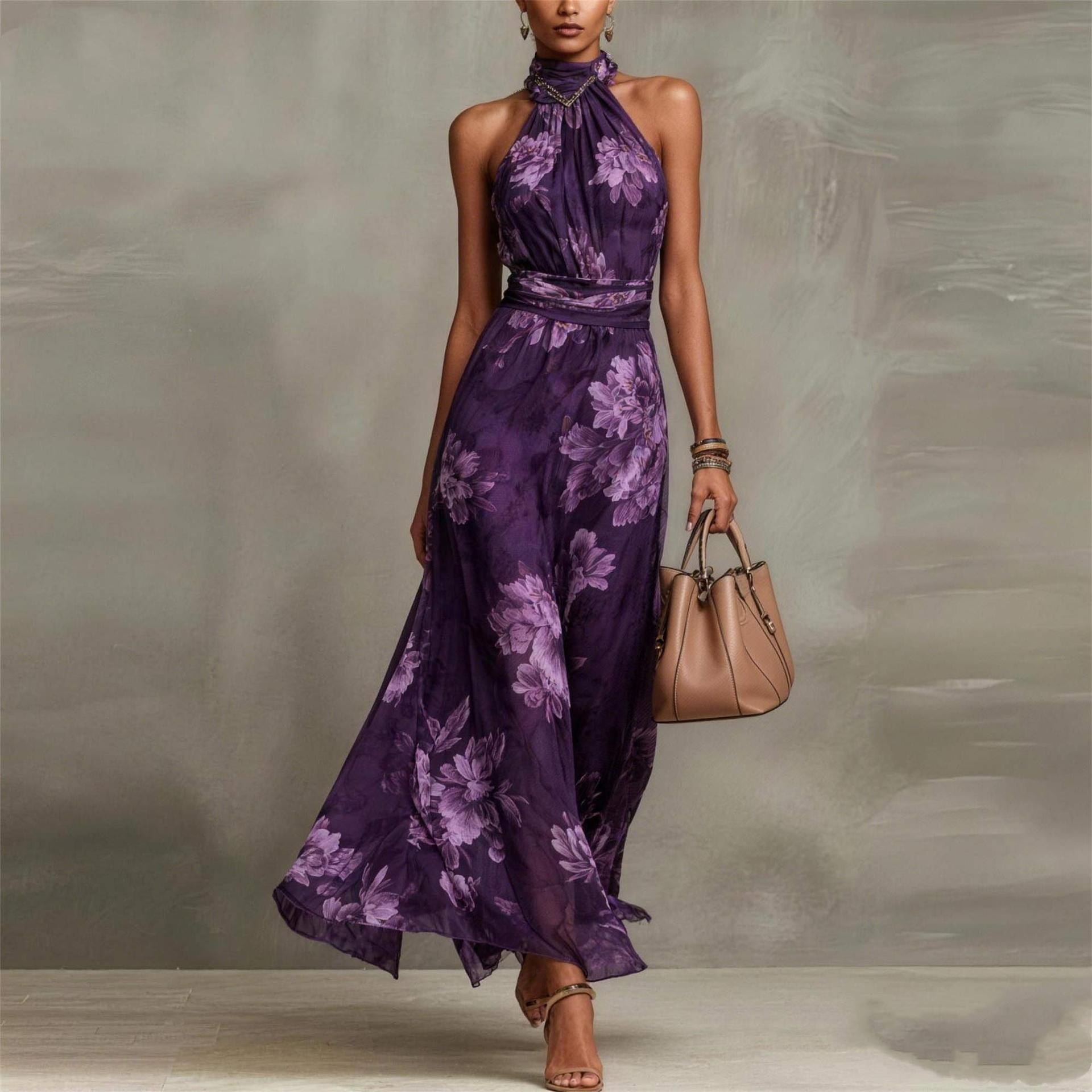 Women's Halter Neck Resort Printed Waist Slimming Dress