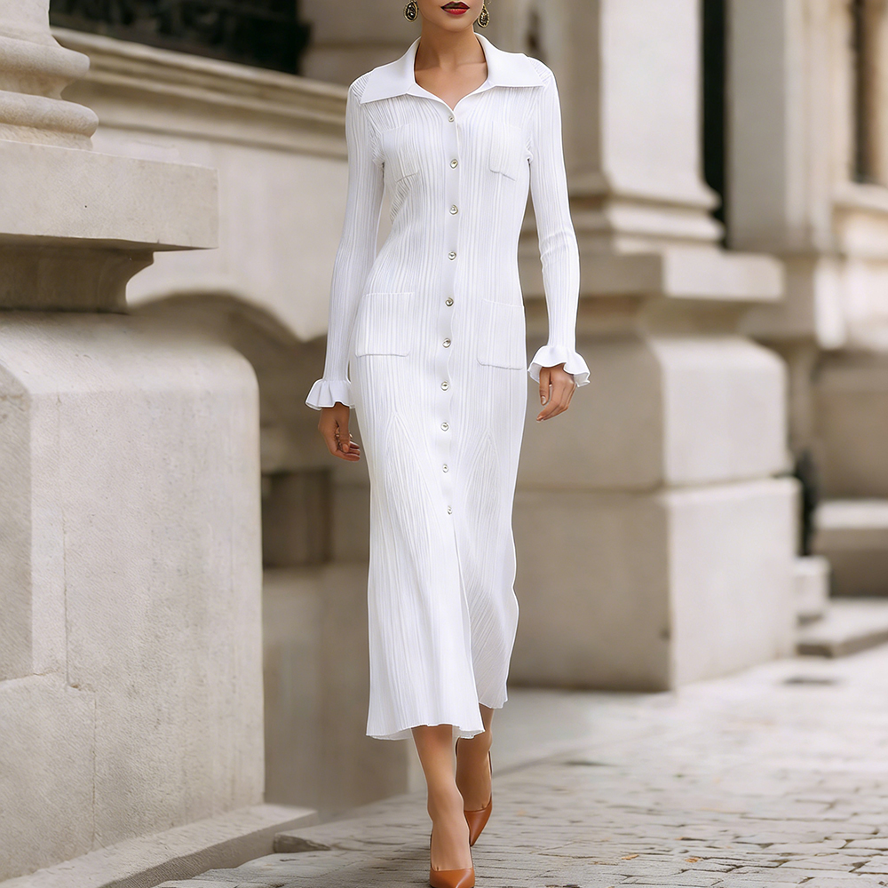 Elegant Lapel Buttoned Cozy Knit Maxi Dress