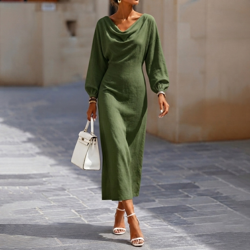 Elegant Long-sleeved Turtleneck Maxi Dress