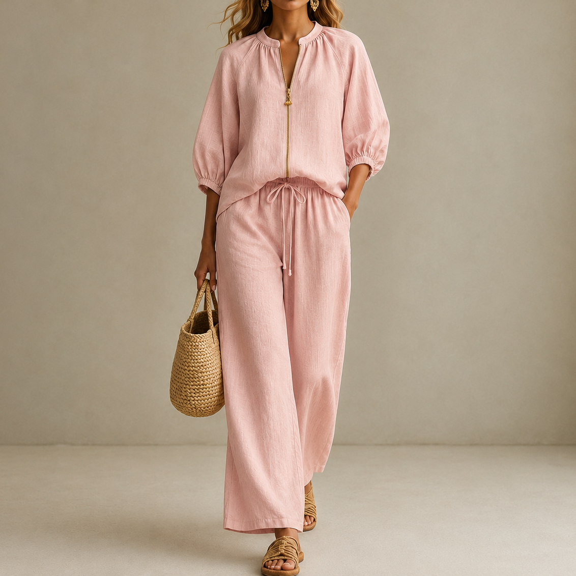 Vacation Loose-fitting Solid Color Zippered Round Neck Wide-leg Pants Suit