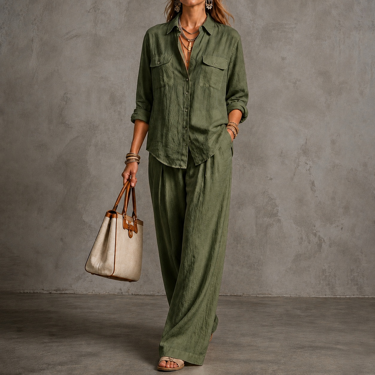 Elegance Long-sleeved Shirt + Wide-leg Pants Two-piece Set
