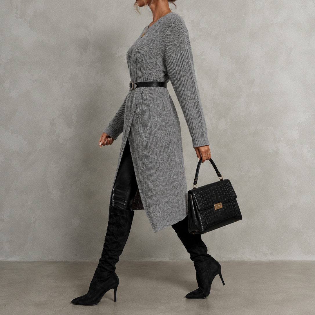 Elegant Crew Neck Long Knit Sweater