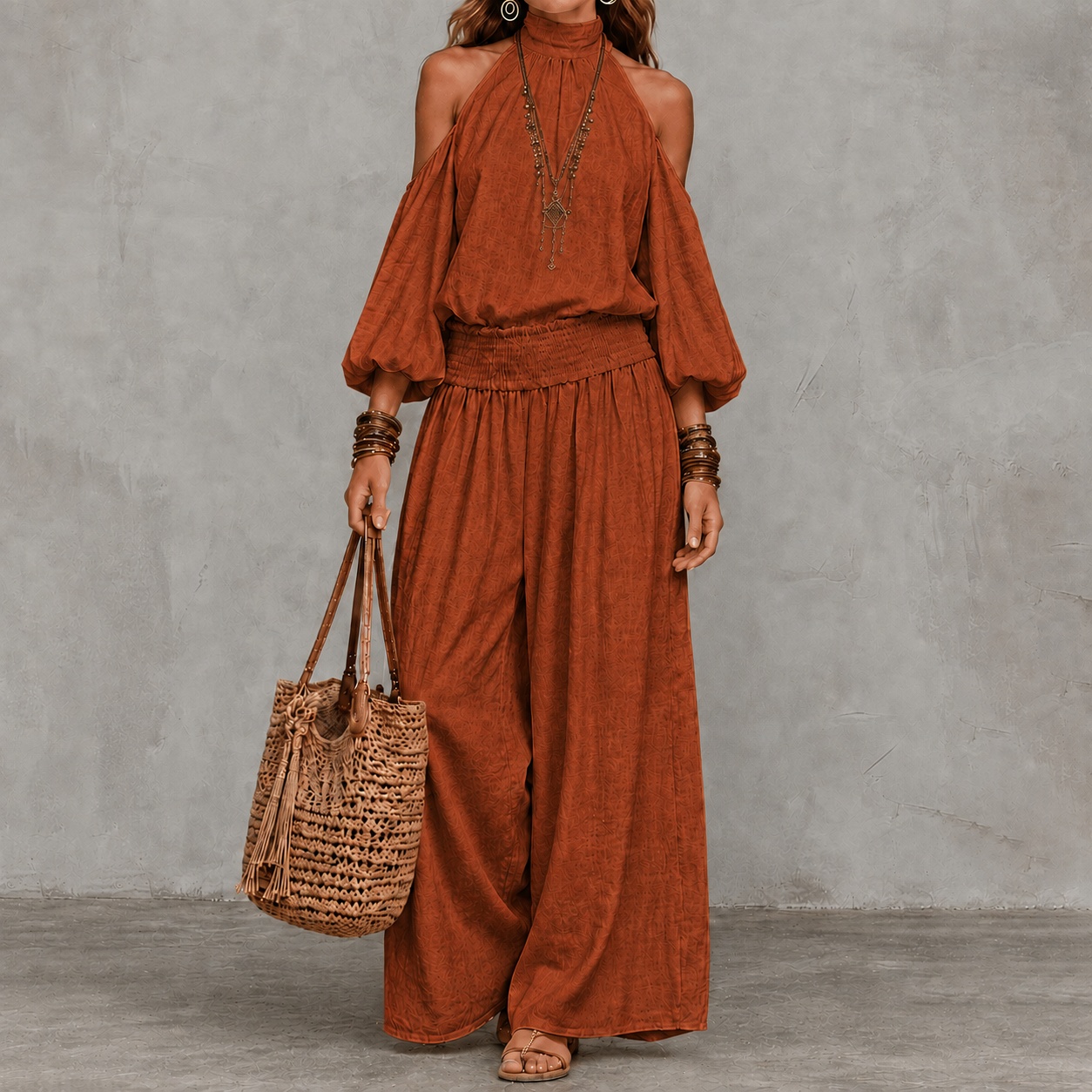 Elegance Long-sleeved Openwork Top And Gathered Trousers Two-piece Set