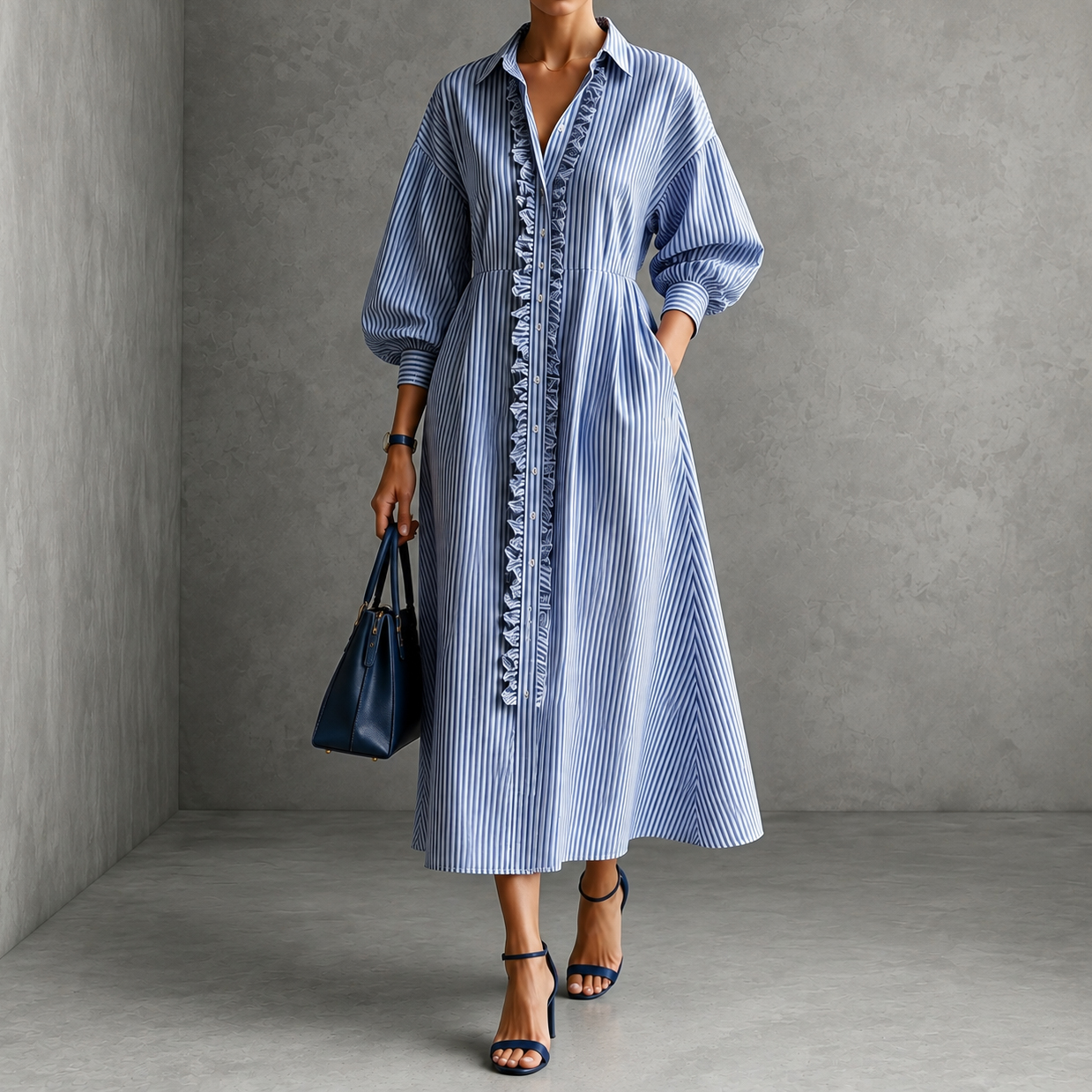 Turn-down Collar Ruffled Trim Striped Lantern Sleeves Maxi Dress
