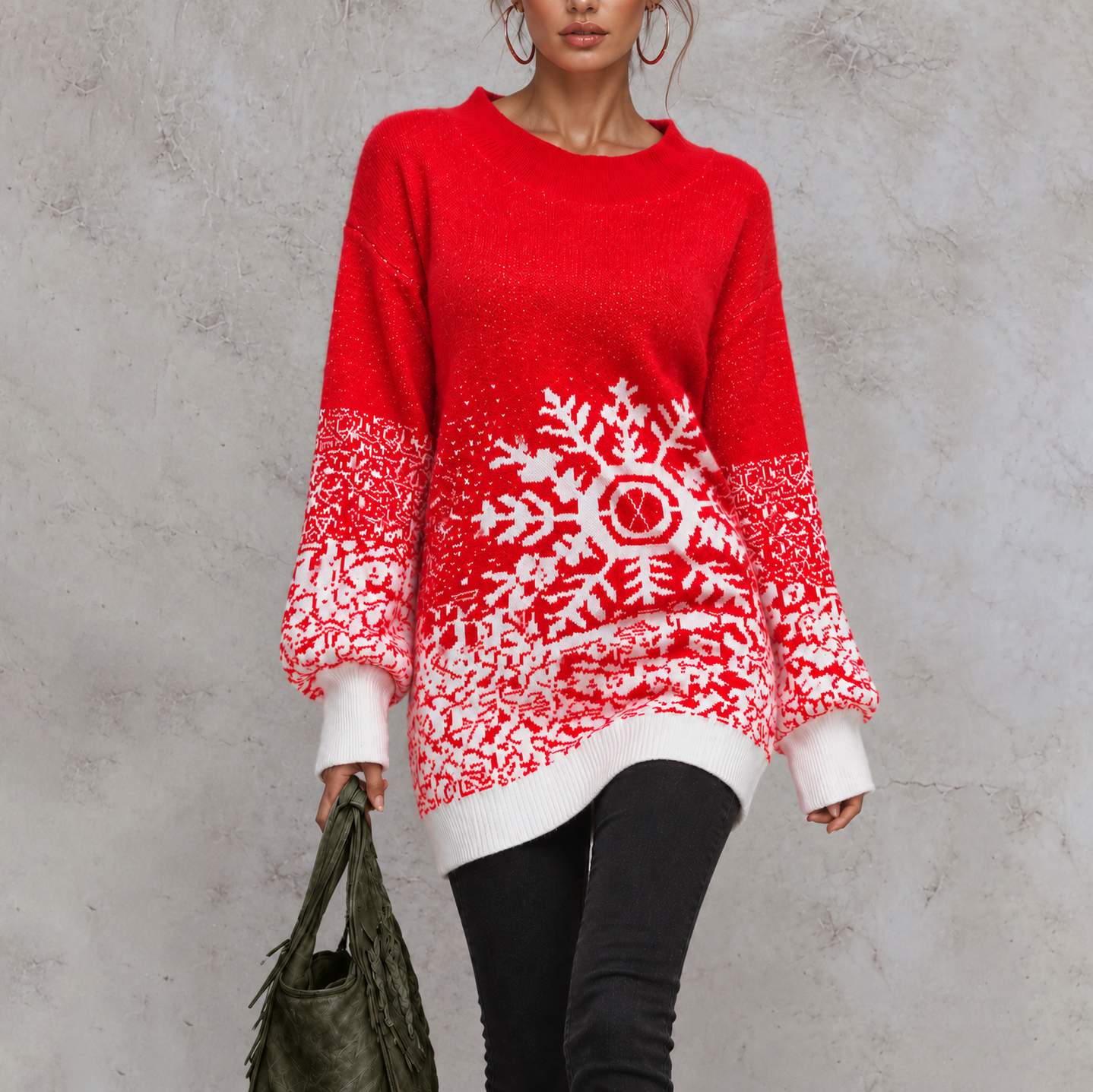 Elegant Long Loose-fit Knitted Sweater With Lantern Sleeves