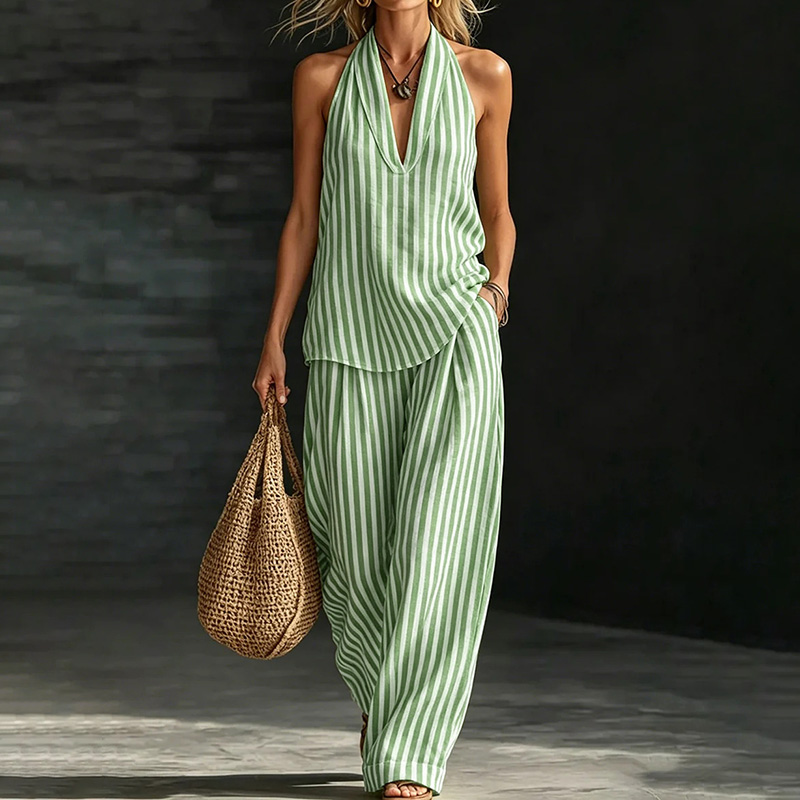 Striped Halterneck Vest Wide-leg Pants Cotton Linen Two-piece Set