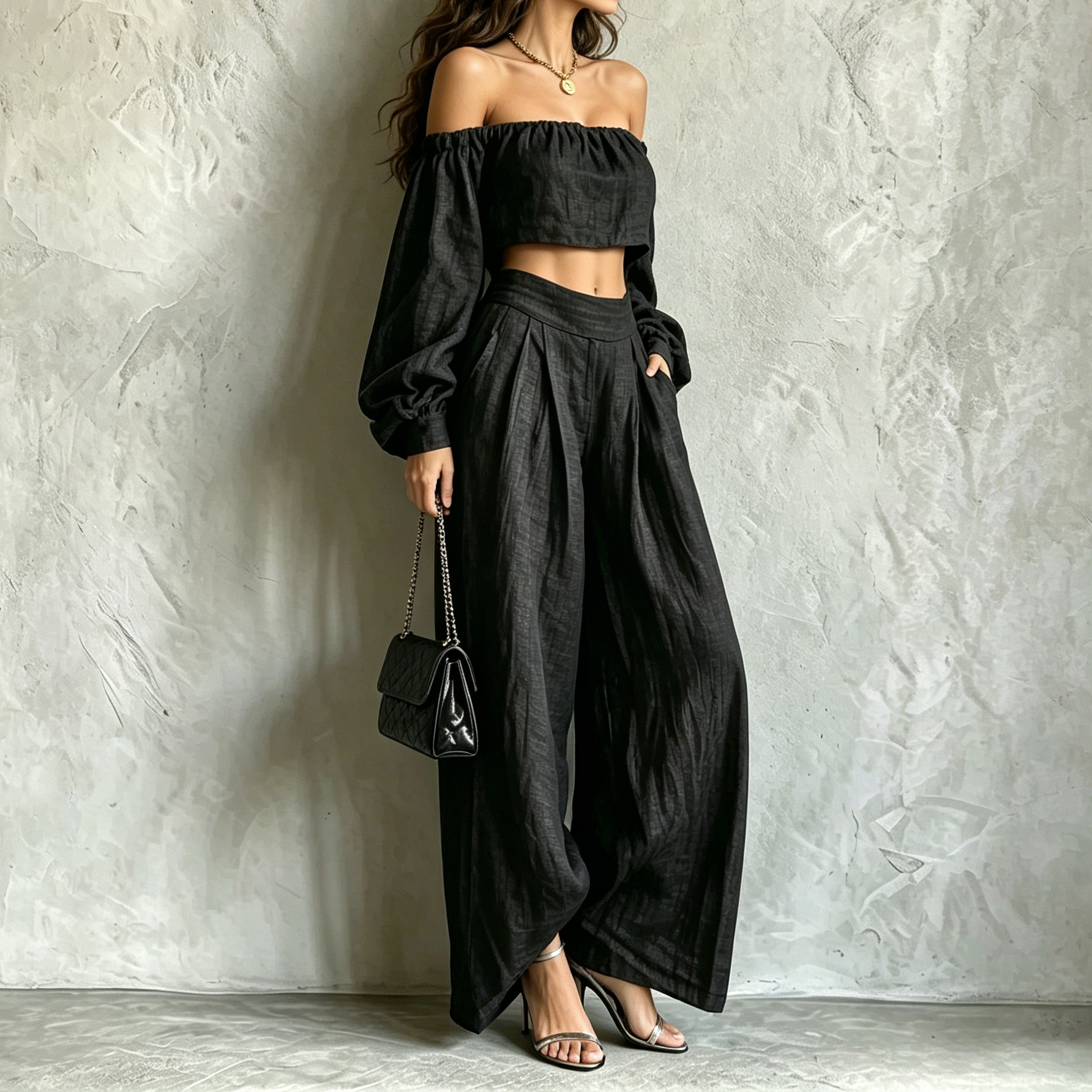 Off--shoulder T-shirt And Loose Wide-leg Pants Two-piece Set