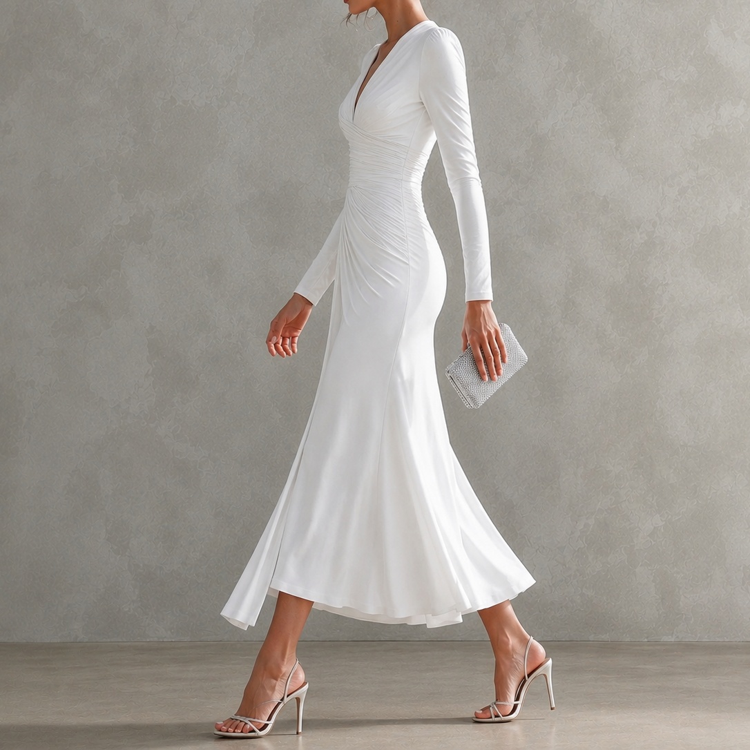 Elegant V-neck Pleated Irregular Long-sleeved Solid Color Maxi Dress