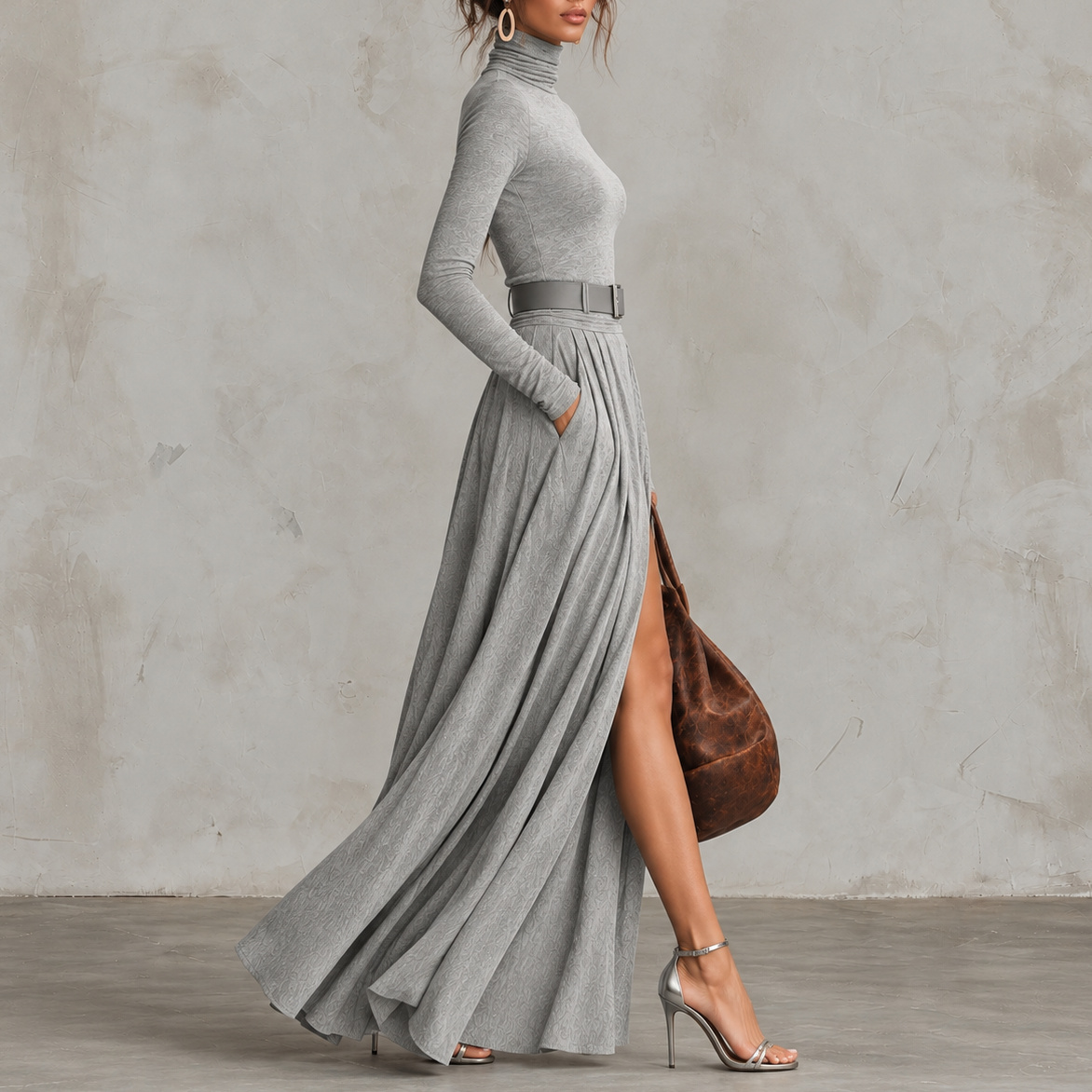 Elegant Turtleneck Long-Sleeve Belted Side-Slit Maxi Dress
