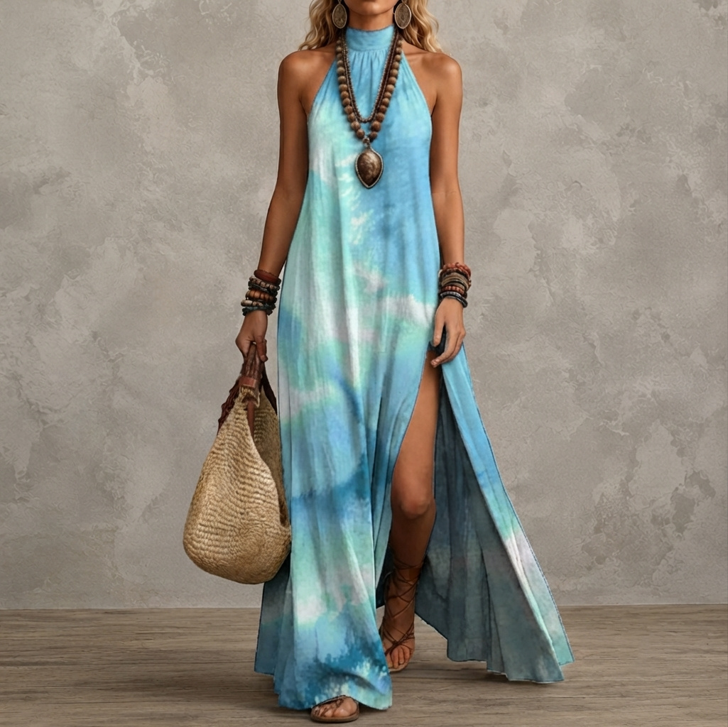 Retro  Printed Sleeveless Design With Slit Hem Maxi Dress