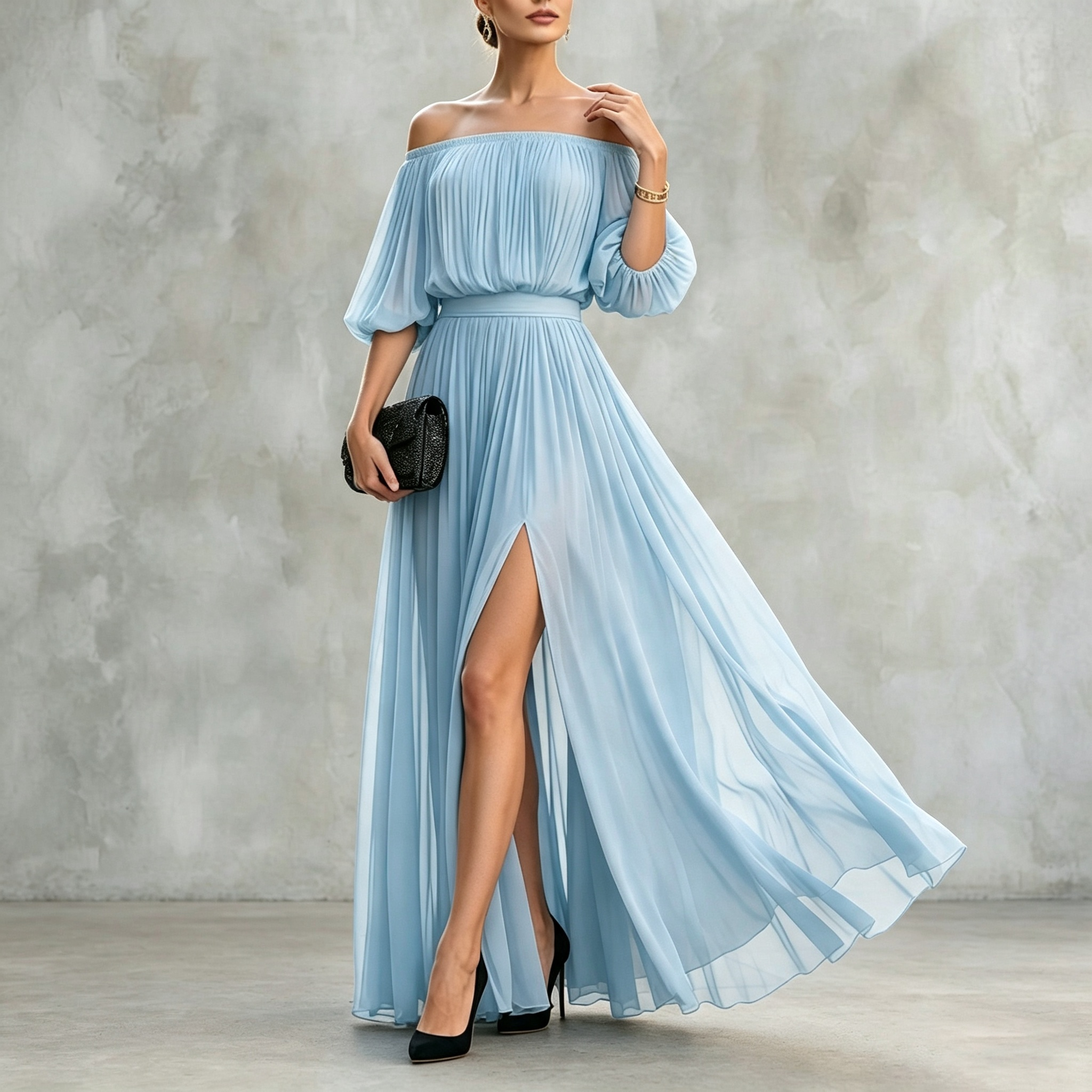 Off-shoulder Pleated Chiffon Maxi Dress