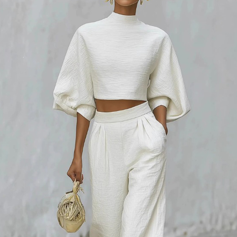 Casual High Waisted With Blended Crop Top Two-piece Set