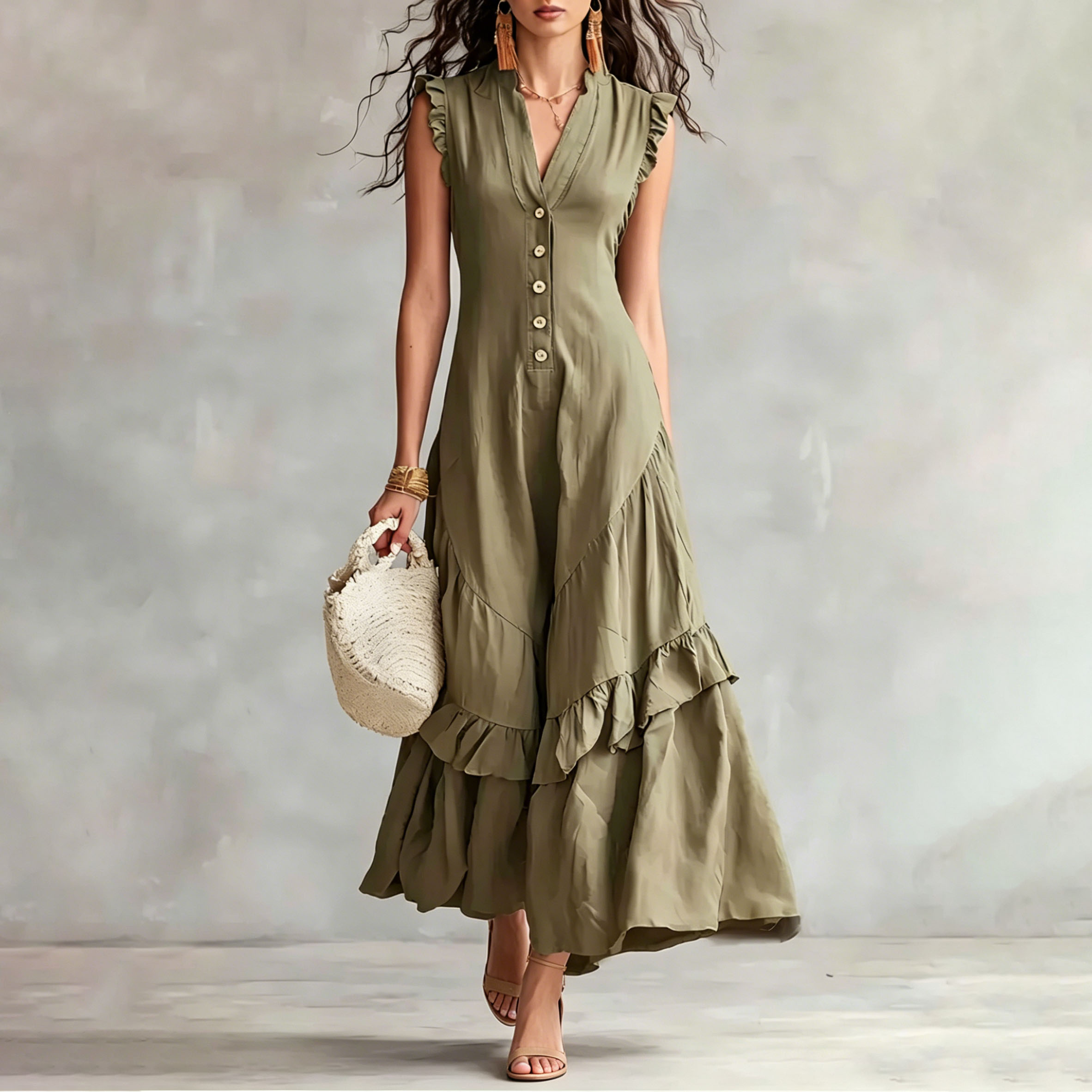 Elegant Minimalist Ruffled Sleeveless Linen Dress