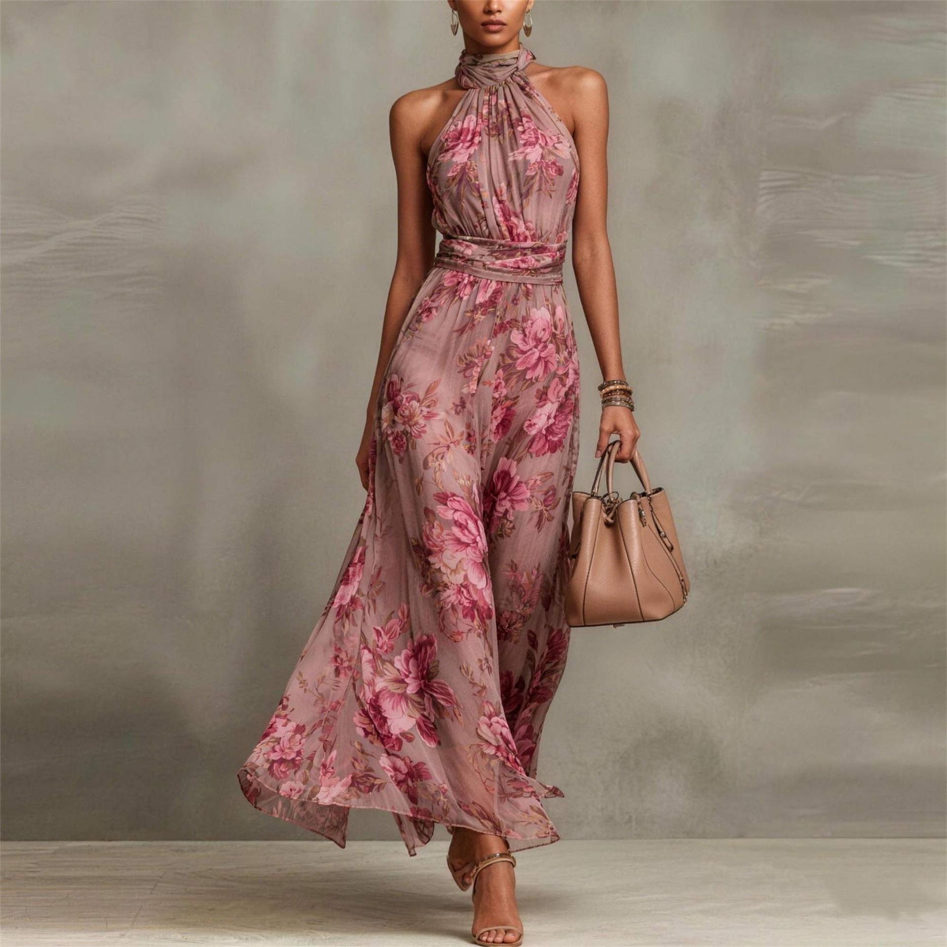 Women's Halter Neck Resort Printed Waist Slimming Dress