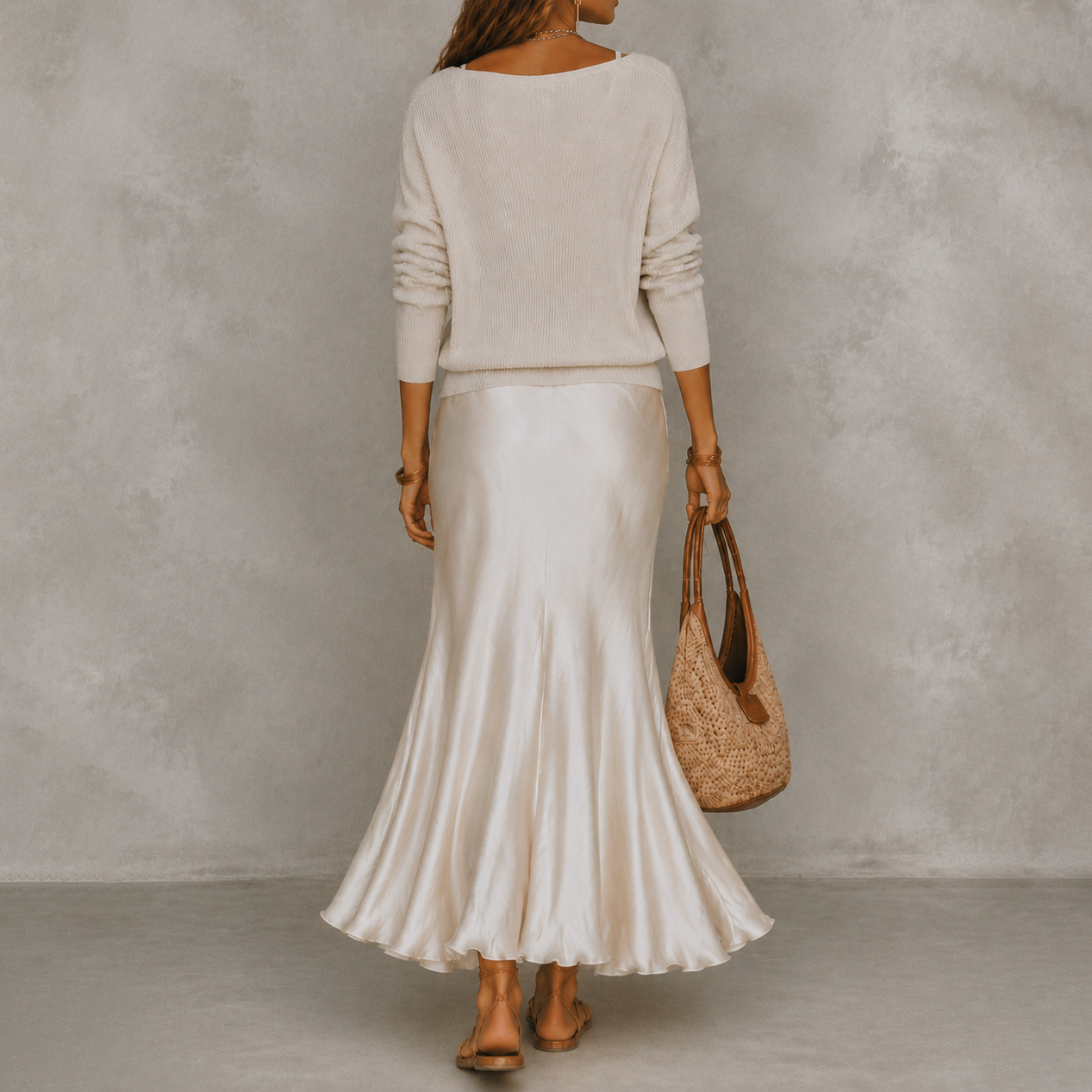 V-Neck Knit Sweater Satin Maxi Skirt Two-piece Set